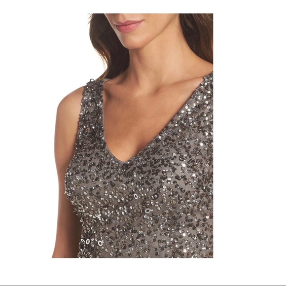 NWT Adrianna Papell V-Neck Sequin A-Line Gown in Lead [SZ‎ 12 ] - Picture 4 of 9